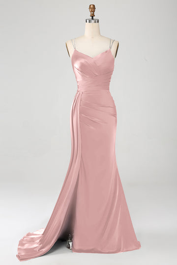 Vestido de fiesta largo largo de corsé largo con correas de espagueti de sirena rosa polvorienta con abertura